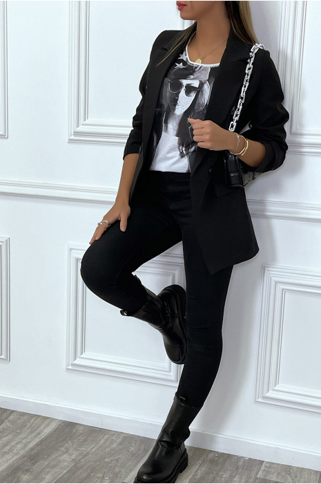 T-shirt blanc décontracté avec dessin et strass à l'avant - 5