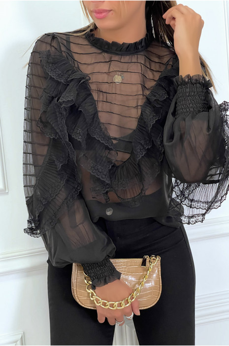 Zwarte tule blouse met borduursels en volant - 2