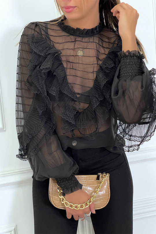 Black tulle blouse with embroidery and flounce - 2