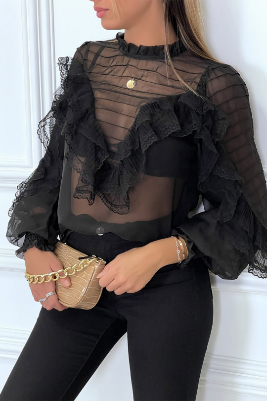 Black tulle blouse with embroidery and flounce - 3