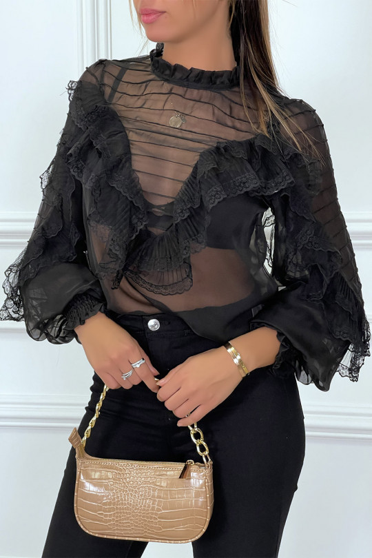 Zwarte tule blouse met borduursels en volant - 5
