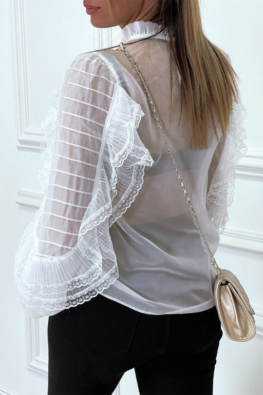 White tulle blouse with embroidery and ruffle - 1