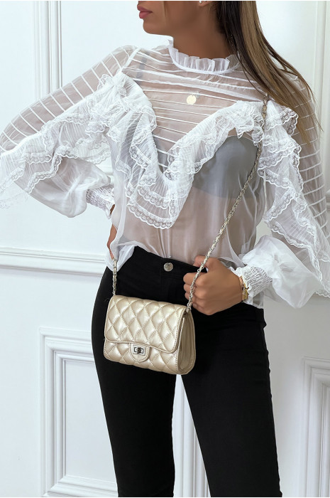 Witte tule blauw met borduursel en ruche - 2