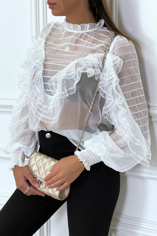 White tulle blouse with embroidery and ruffle - 3