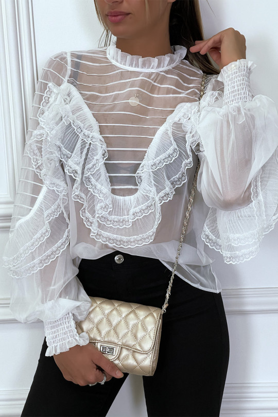 White tulle blouse with embroidery and ruffle - 4