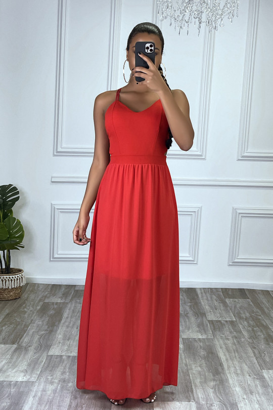 Longue robe rouge doublé avec dos nue et lacet - 1