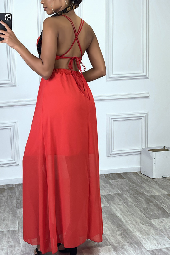 Longue robe rouge doublé avec dos nue et lacet - 3