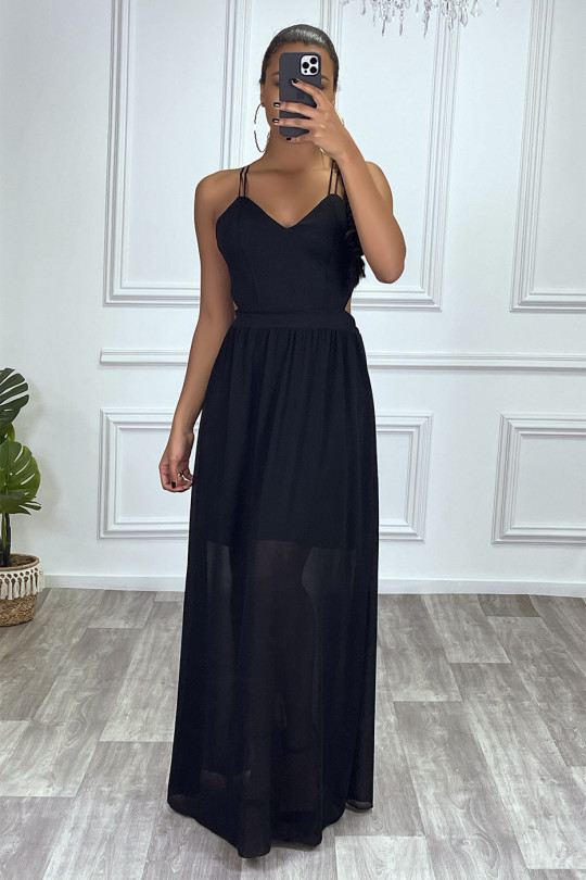 Longue robe noire doublé avec dos nue et lacet - 1