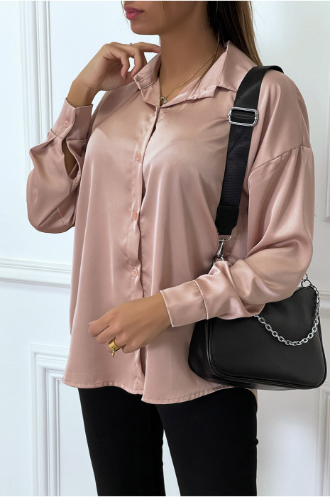 Longue chemise oversize rose satiné. Chemise femme - 4