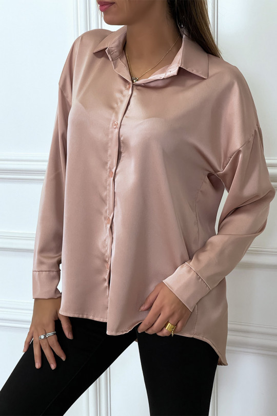 Longue chemise oversize rose satiné. Chemise femme - 5