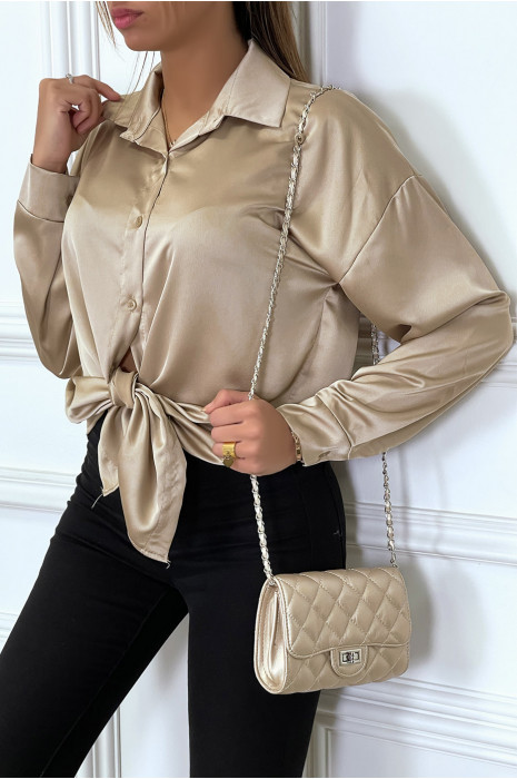 Longue chemise oversize camel satiné. Chemise femme - 2