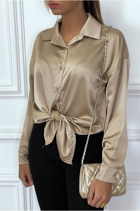 Longue chemise oversize camel satiné. Chemise femme - 3