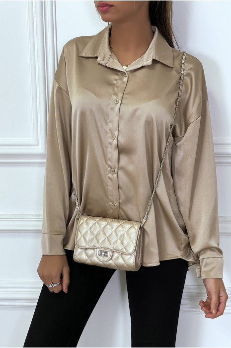 Longue chemise oversize camel satiné. Chemise femme - 6
