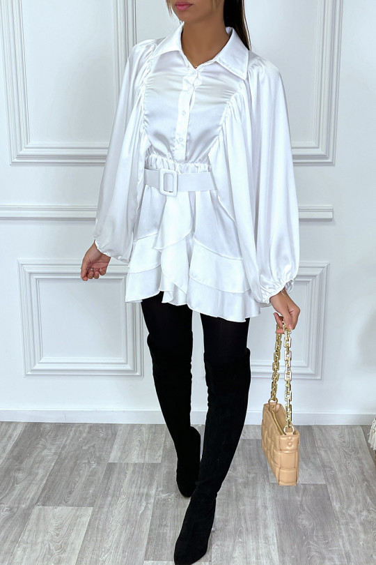 White satin shirt with wide sleeves, belt and frill - 2