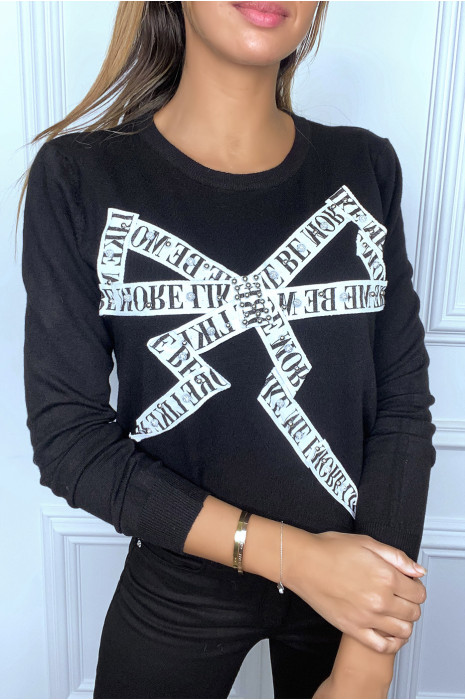 Zwarte sweater met schouderpas en strass steentjes - 2