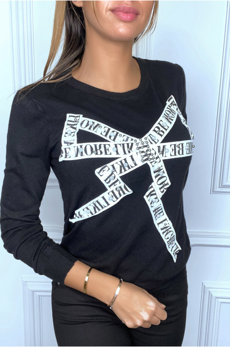 Zwarte sweater met schouderpas en strass steentjes - 3