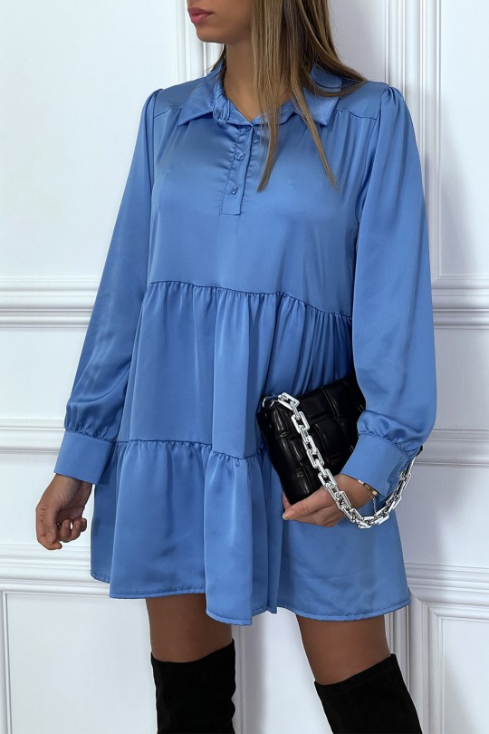 Blue satin ruffle shirt dress - 2