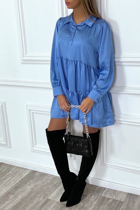Blue satin ruffle shirt dress - 4