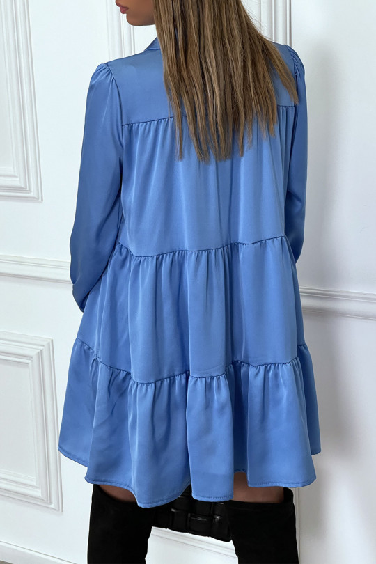 Blue satin ruffle shirt dress - 6