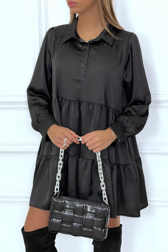 Black satin ruffle shirt dress - 1