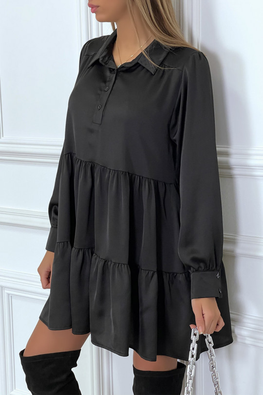 Black satin ruffle shirt dress - 2
