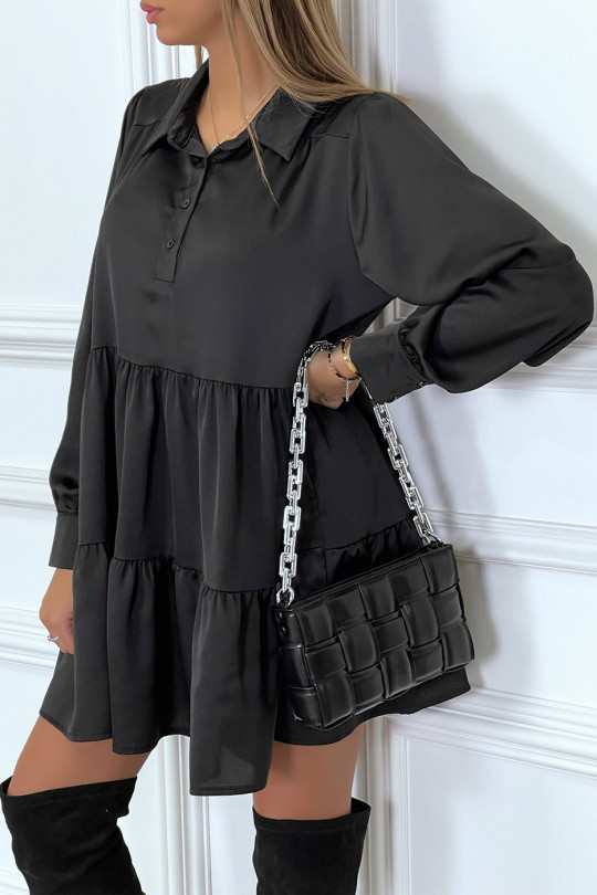 Black satin ruffle shirt dress - 3