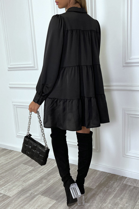 Black satin ruffle shirt dress - 5