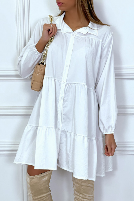 White cotton shirt dress with ruffle - 1