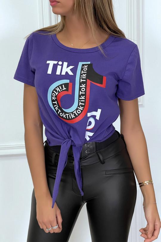T-shirt lila avec écriture TOKTOK et noeud à l'avant - 1