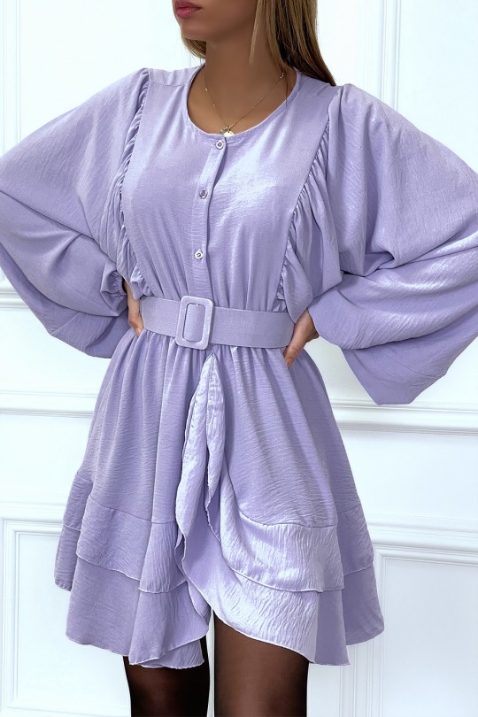 Lilac shirt dress with flounce and wide sleeves - 1