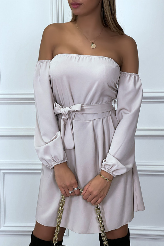 Strapless beige dress with separate sleeves and belt - 1