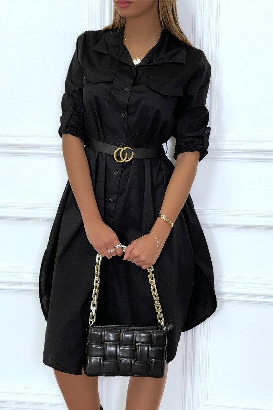 Longue robe chemise noire avec poches ceinture et fente - 2