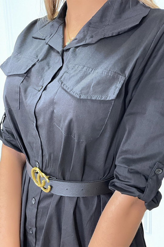 Longue robe chemise noire avec poches ceinture et fente - 8
