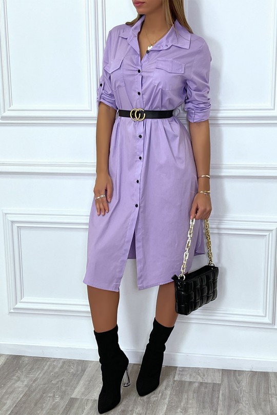 Longue robe chemise lila avec poches ceinture et fente - 1