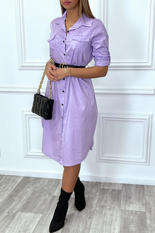 Longue robe chemise lila avec poches ceinture et fente - 2