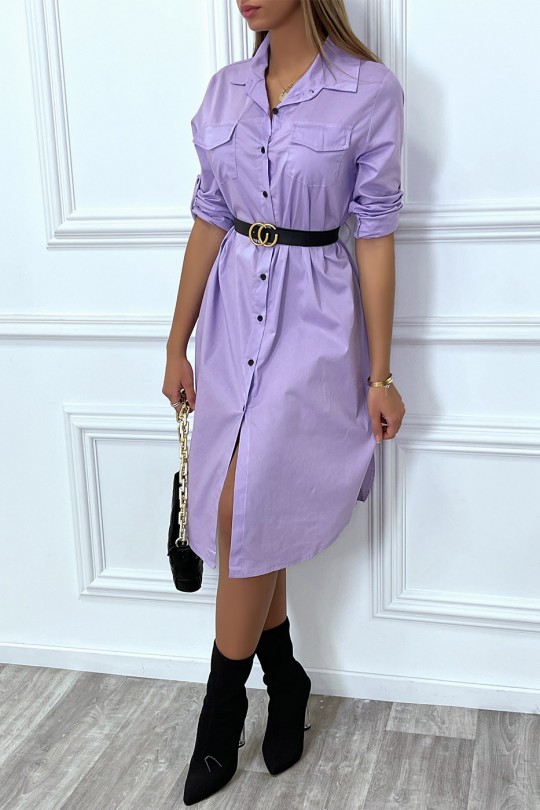 Longue robe chemise lila avec poches ceinture et fente - 3