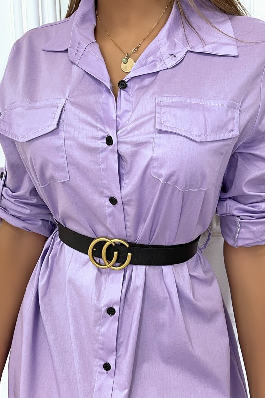 Long lilac shirt dress with belt and slit pockets - 5