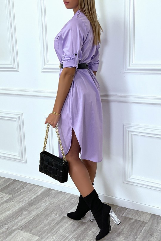 Longue robe chemise lila avec poches ceinture et fente - 6