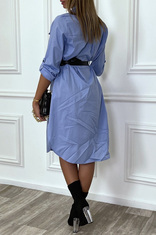 Longue robe chemise bleue avec poches ceinture et fente - 5
