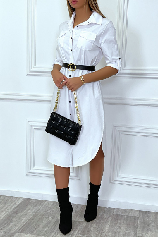 Longue robe chemise blanche avec poches ceinture et fente - 1