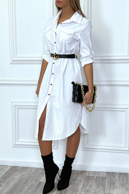 Longue robe chemise blanche avec poches ceinture et fente - 2