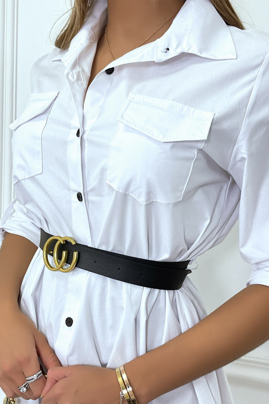 Longue robe chemise blanche avec poches ceinture et fente - 4