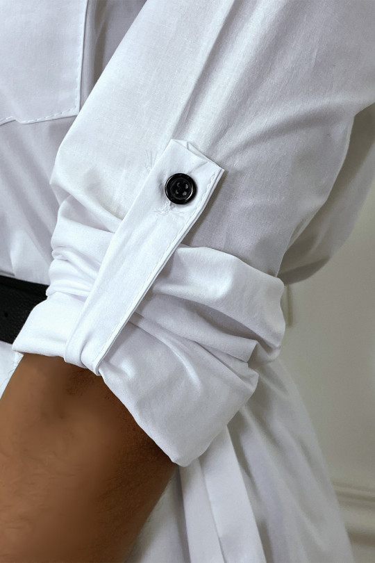 Longue robe chemise blanche avec poches ceinture et fente - 5