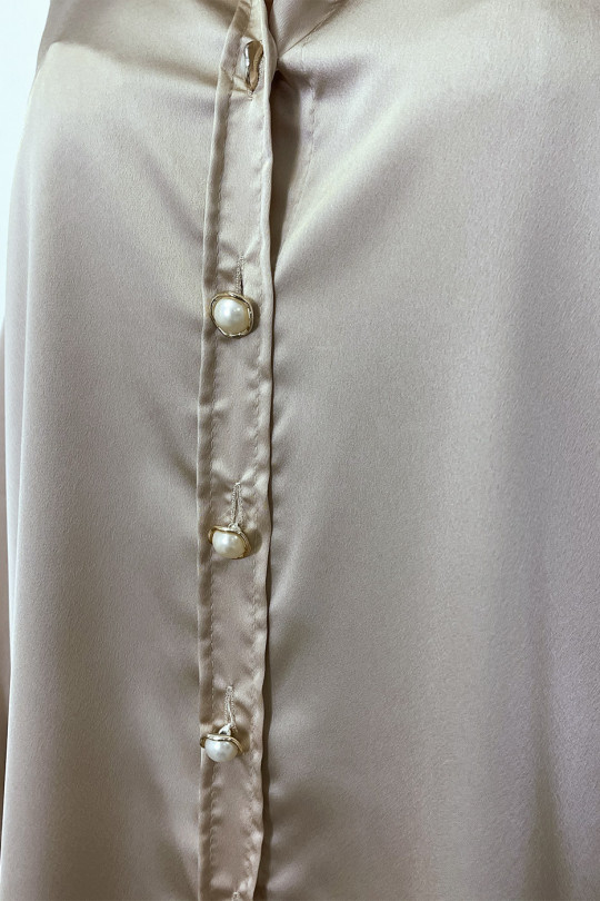 Long satin beige and oversized shirt with pearl and gold button - 5