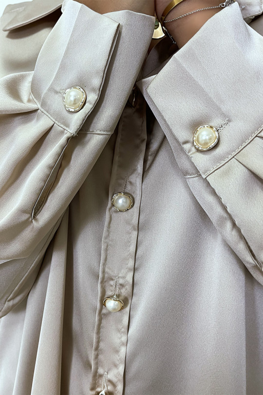 Long satin beige and oversized shirt with pearl and gold button - 6
