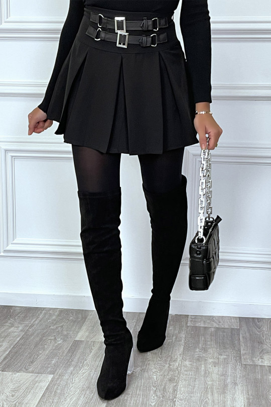 Short black pleated skater skirt with double adjustable belts - 2