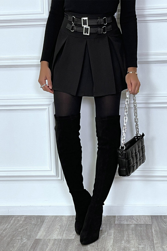 Short black pleated skater skirt with double adjustable belts - 4