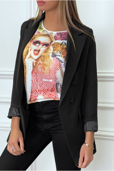 Wit t-shirt met ruitjesmotief en strass motief - 1