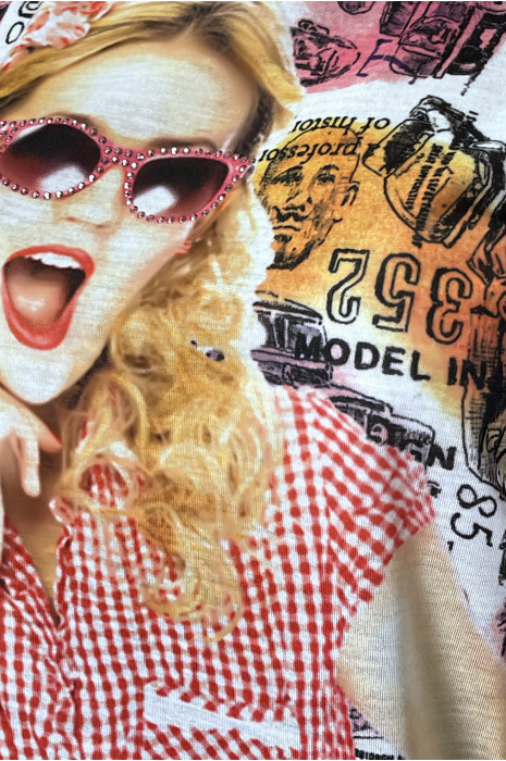 Wit t-shirt met ruitjesmotief en strass motief - 4