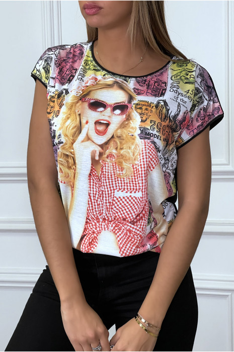 Black t-shirt with gingham and rhinestone pattern - 2